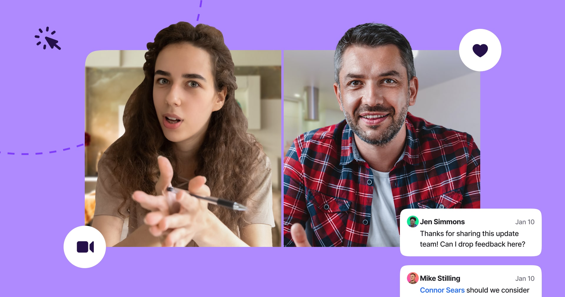 Two team members talking over a video call, accompanied by a comment modal