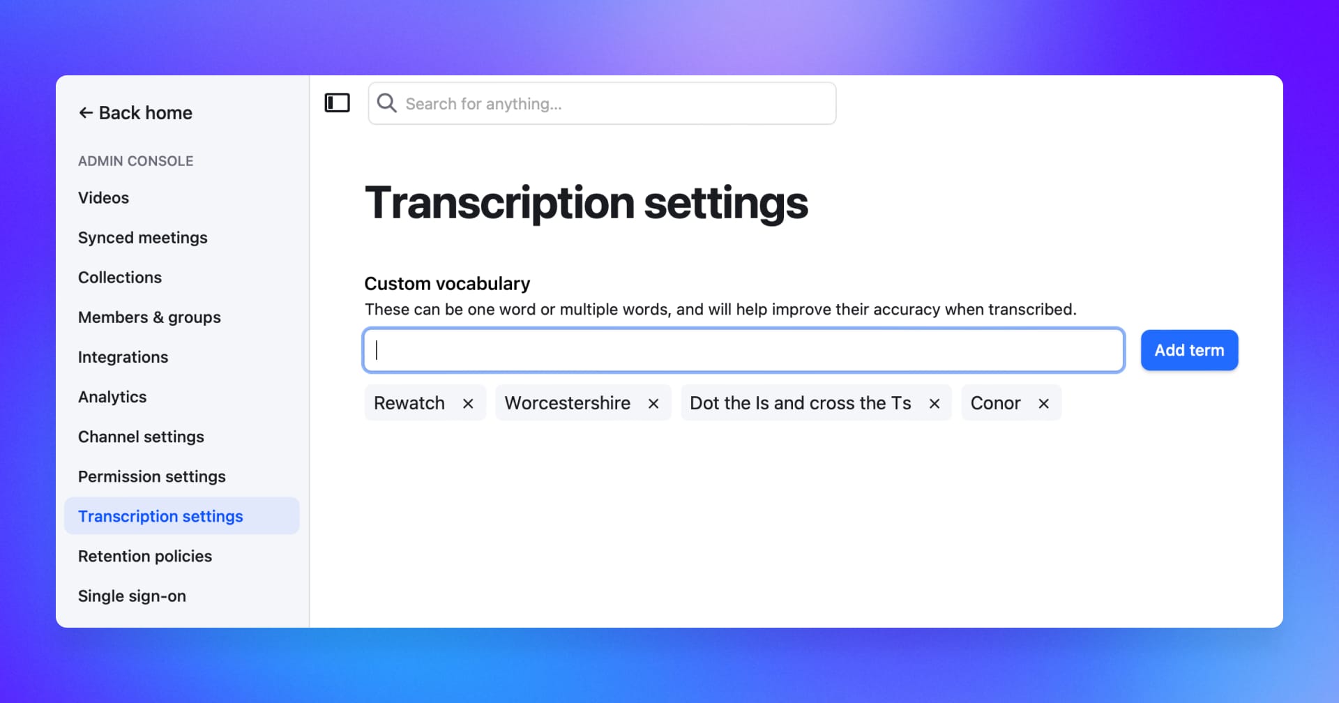 the Rewatch interface with a form field to create custom vocabulary in transcription settings